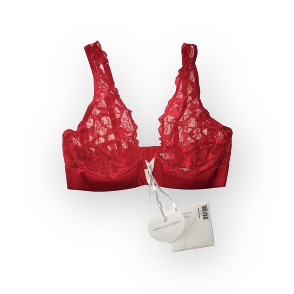 new Mimi Holliday ❤︎ Poison Ivy V Plunge ❤︎ Heart Shaped Lace Bra ❤︎ Scarlet Red - Picture 11 of 17